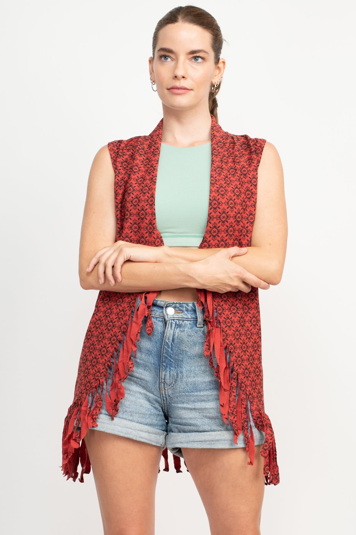 Cutting Edge Om Flower Fringe Vest