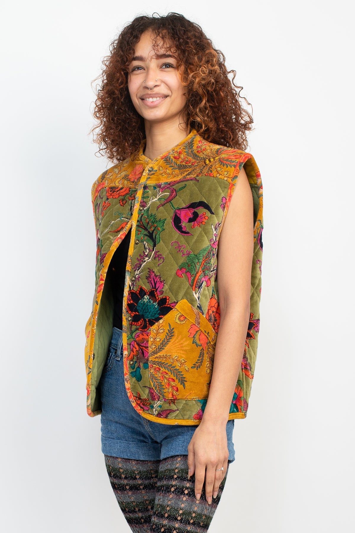 Quilted Velvet Snap Vest | Floral & Paisley Block Print | Contrast
