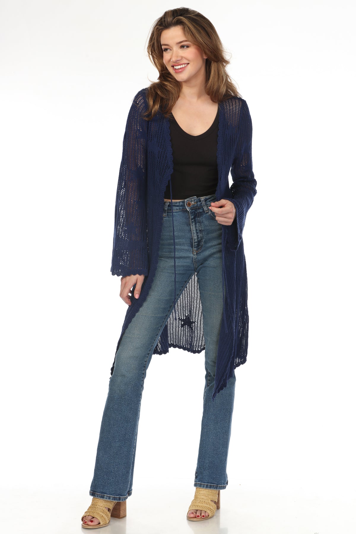 Lacy Knit Cardigan - Long Sleeve Sweater with Pockets & Buttons