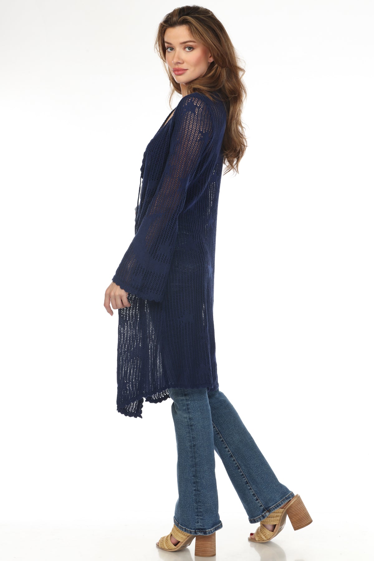 Lacy Knit Cardigan - Long Sleeve Sweater with Pockets & Buttons