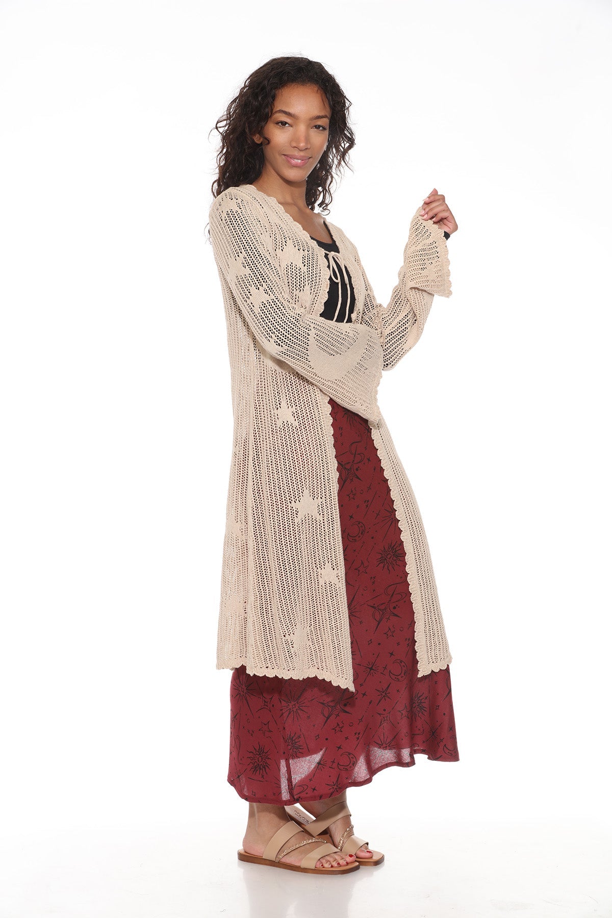 Lacy Knit Cardigan - Long Sleeve Sweater with Pockets & Buttons