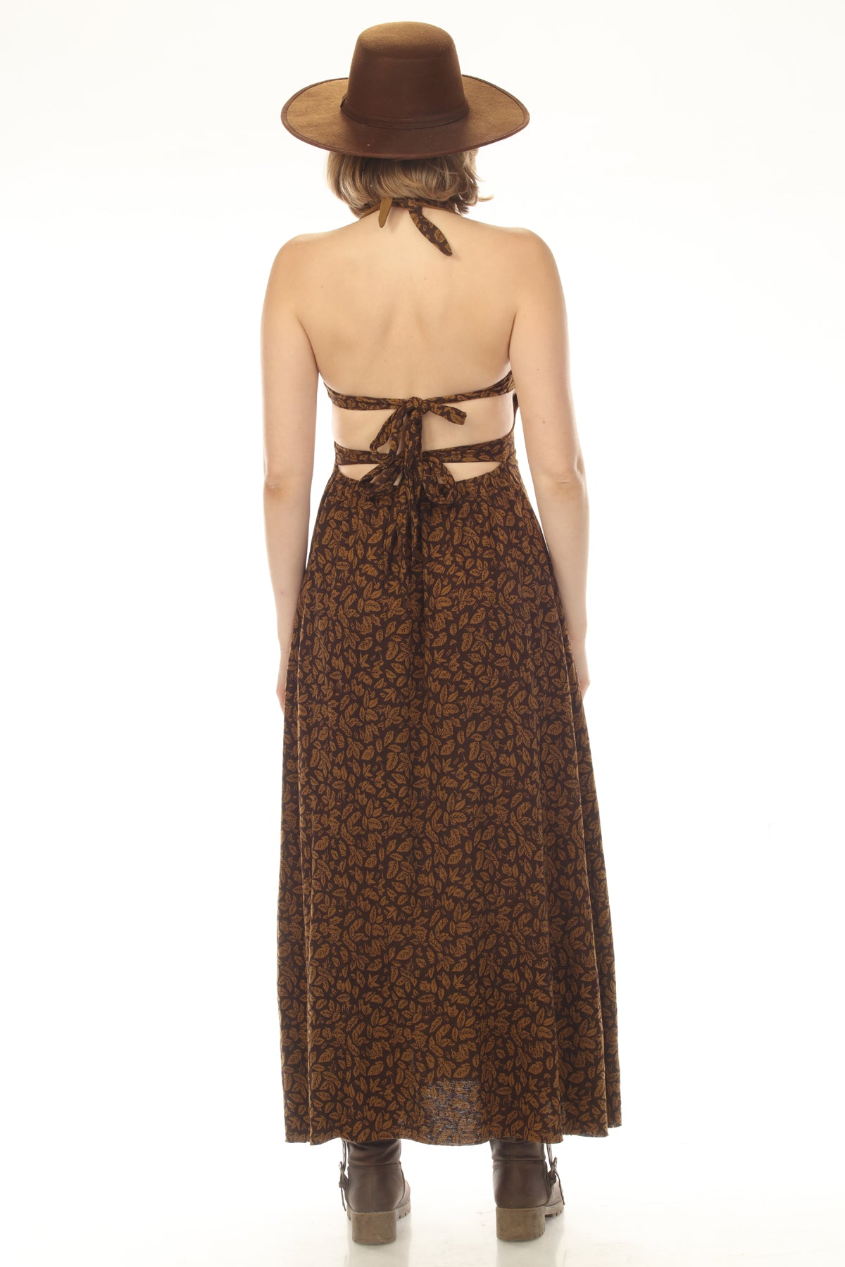 brown leaf dress Brown leaf print crepe sleeveless dress - Woman