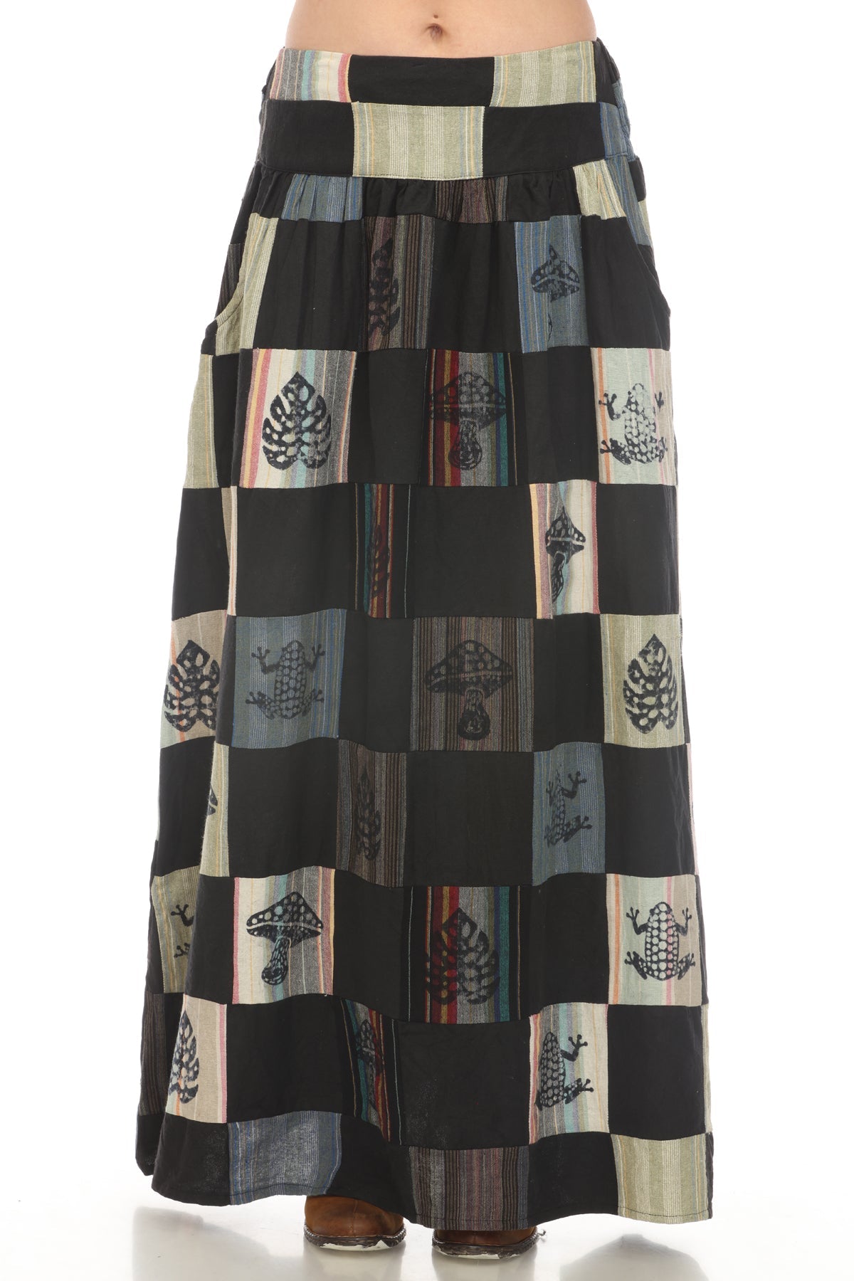スカート Patchwork-design Printed Long Skirt Patchwork Skirt Cotton Tiered Maxi Long Boho Gypsy Floral