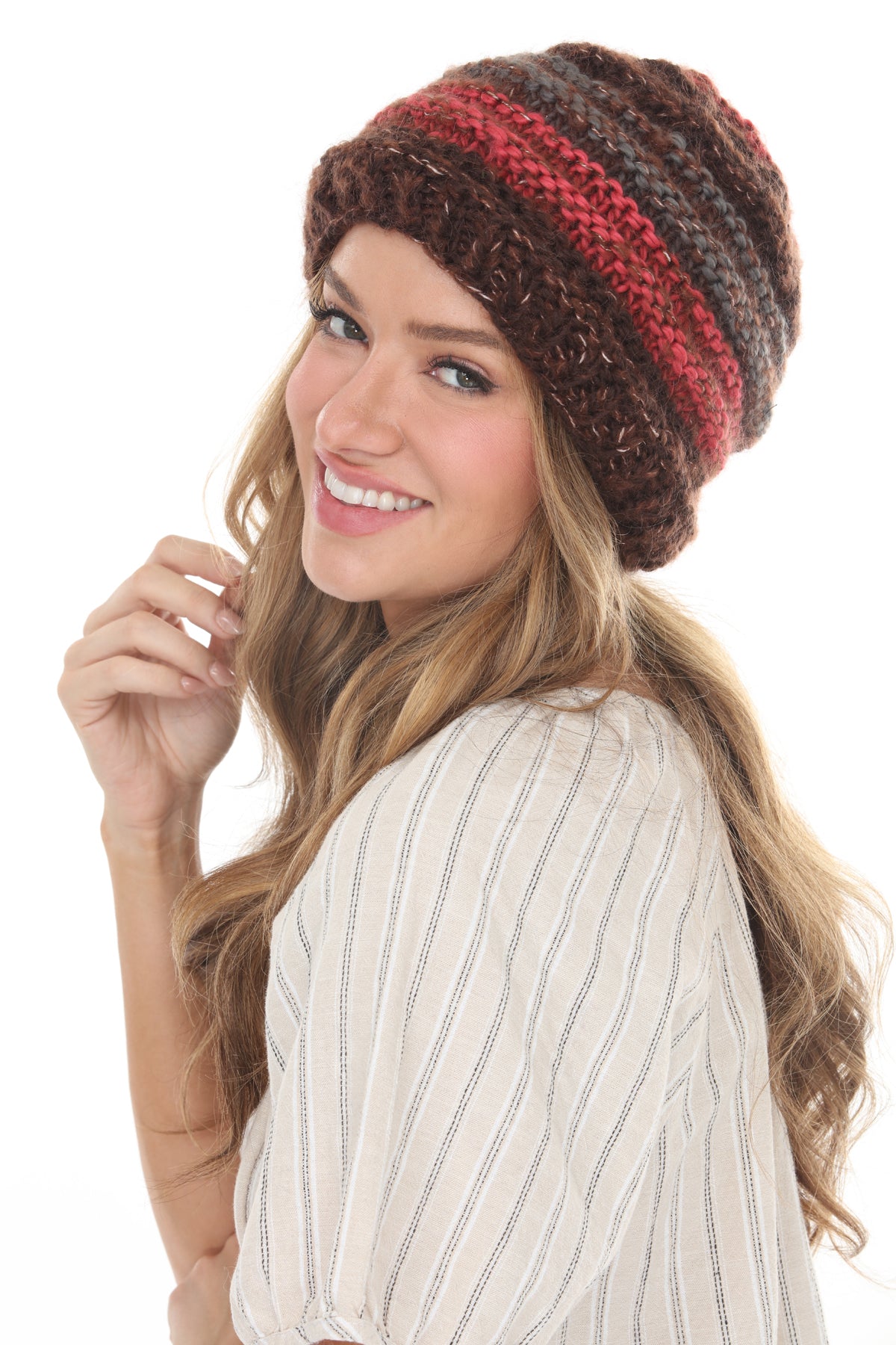 Faux Mohair Striped Slouchy Beanie