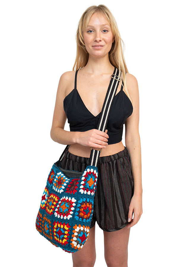 [ KIRSH ]★TERRY SQUARE GRAPHIC SHOULDER BAG Colorful Crochet Granny Square Shoulder Bag, Market Bag in