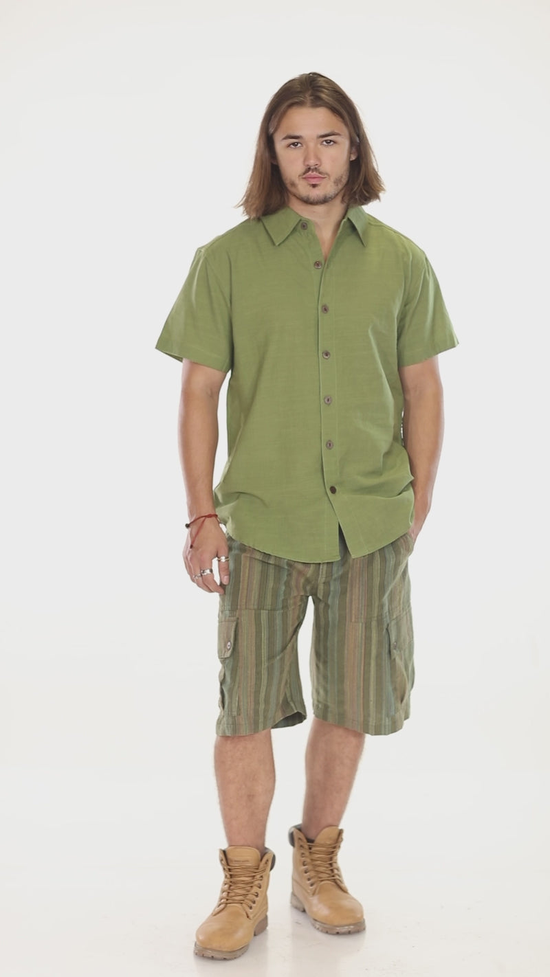 Cotton Slub Button Down Mens Short Sleeve Shirt