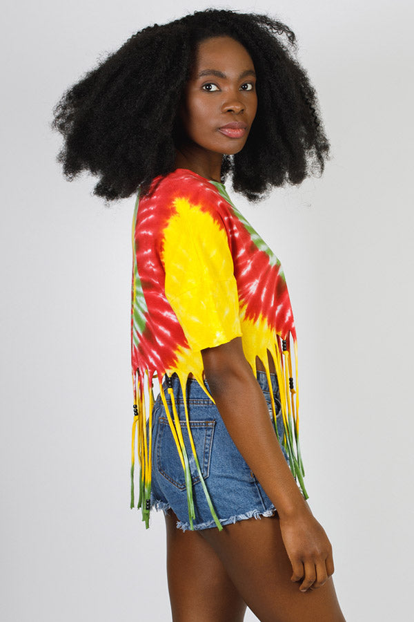 Lion of Judah Mandala Tie-Dye Fringed Crop with Beads