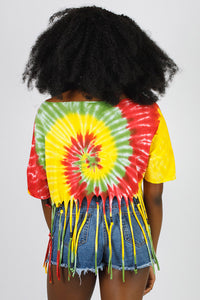 Lion of Judah Mandala Tie-Dye Fringed Crop with Beads