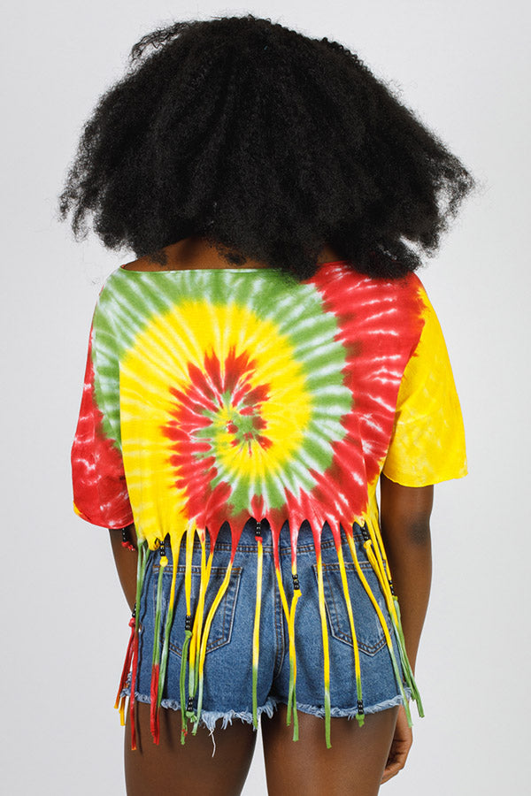 Lion of Judah Mandala Tie-Dye Fringed Crop with Beads