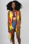 Rasta Swirls Tie-Dye Fringed Waterfall Vest with Beads