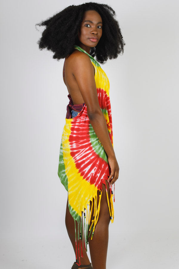 Rasta Swirls Tie-Dye Fringed Waterfall Vest with Beads