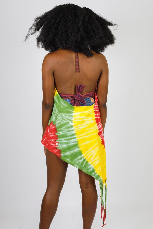 Rasta Swirls Tie-Dye Fringed Waterfall Vest with Beads