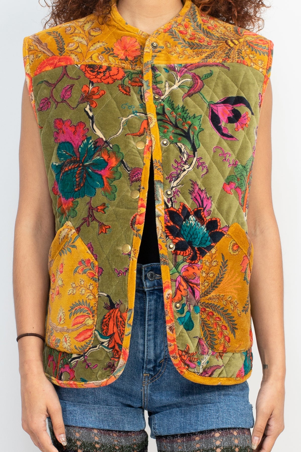 Quilted Velvet Snap Vest | Floral & Paisley Block Print | Contrast