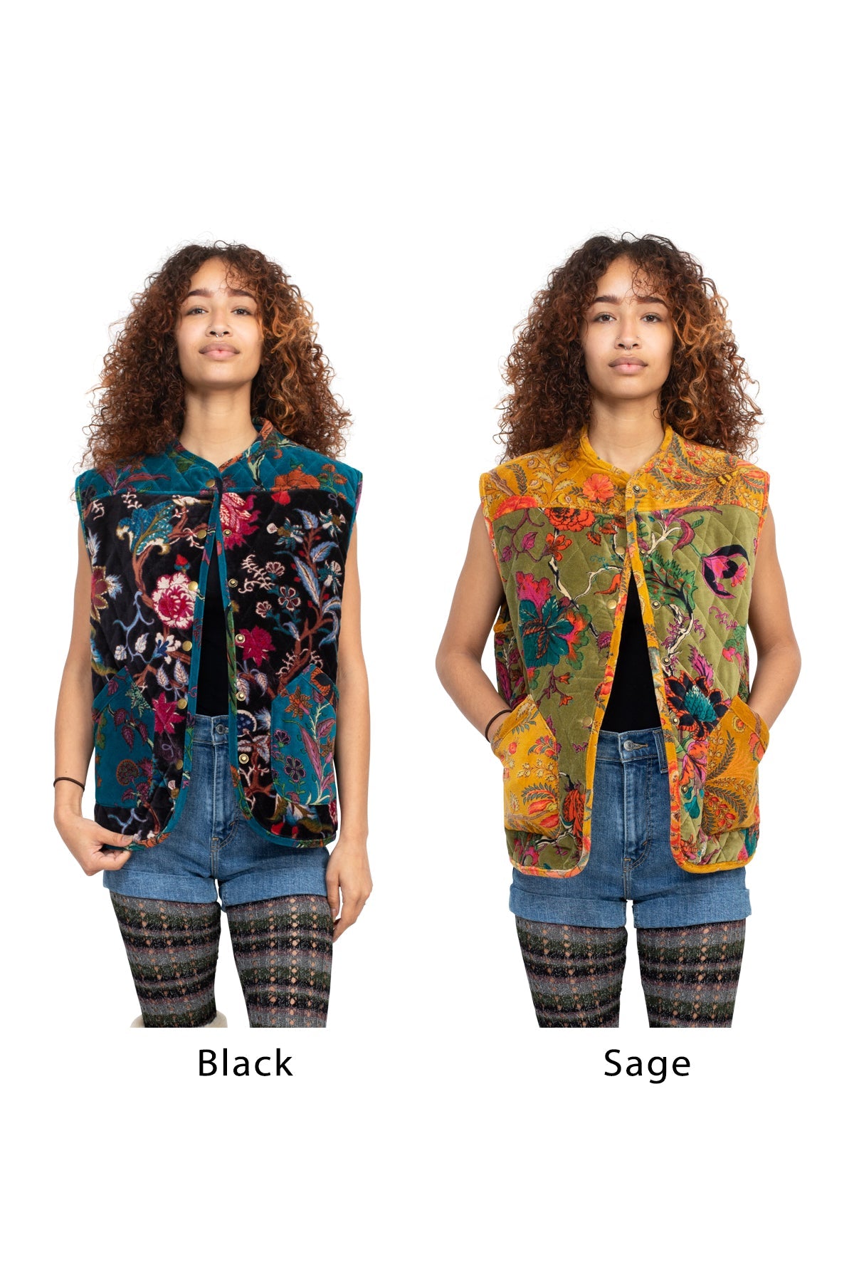 Quilted Velvet Snap Vest | Floral & Paisley Block Print | Contrast