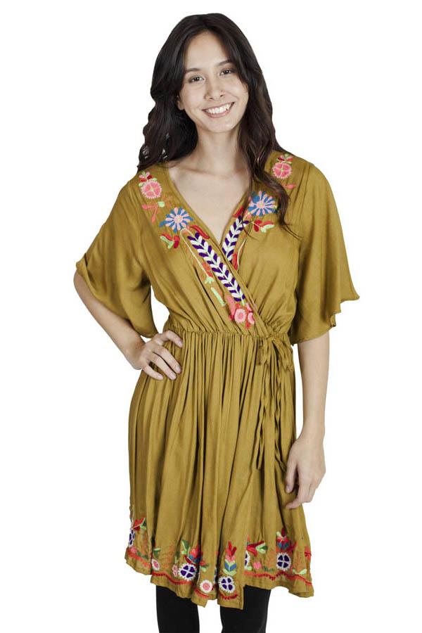 Flower Power Boho Embroidered Wrap Dress Lakhay-Retail Flower Power Boho Embroidered Wrap Dress Lakhay-Retail