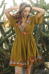 Flower Power Boho Embroidered Wrap Dress