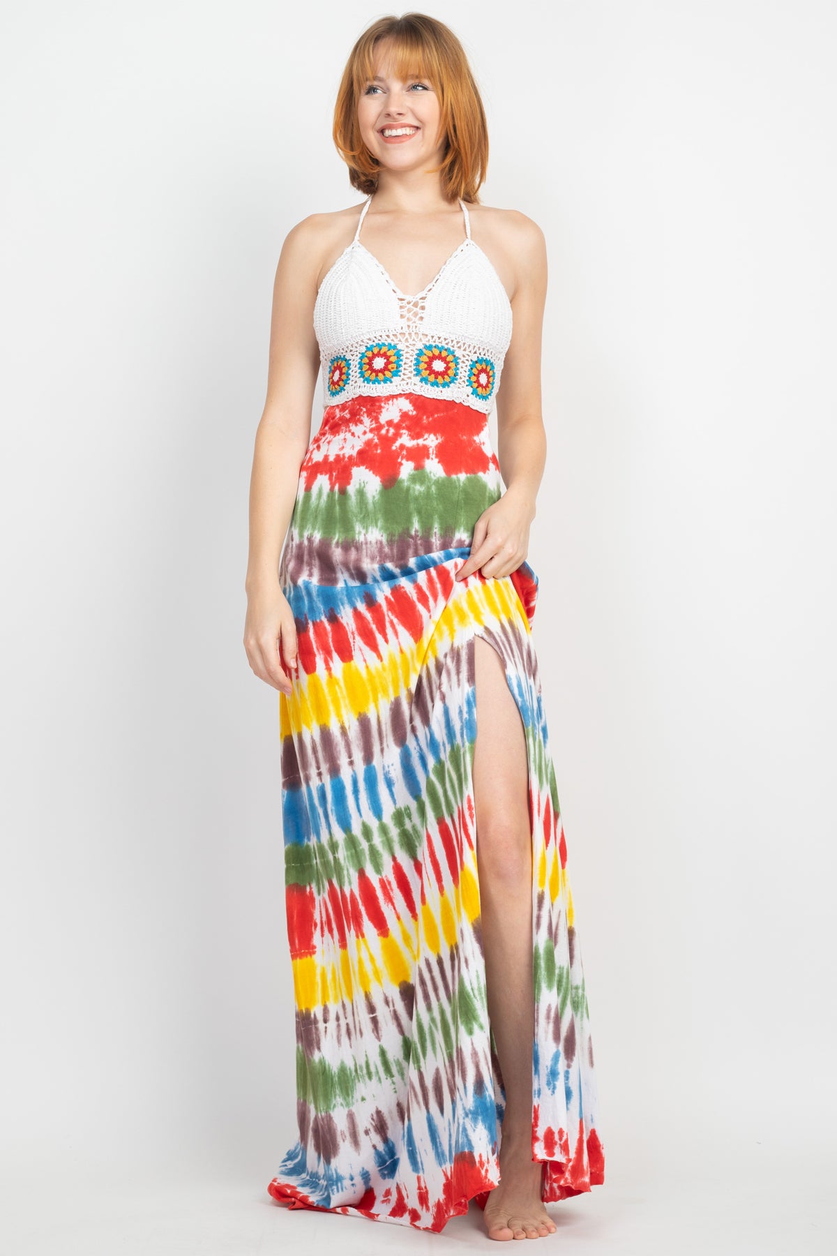 crochet tie dye dress Handmade Crochet Tie Dye Dress,crochet Multicolor Wide Sleeve Dress, Boho Hippie Gypsy Festival Crochet Dress.cotton Crochet Tie Dye Dress