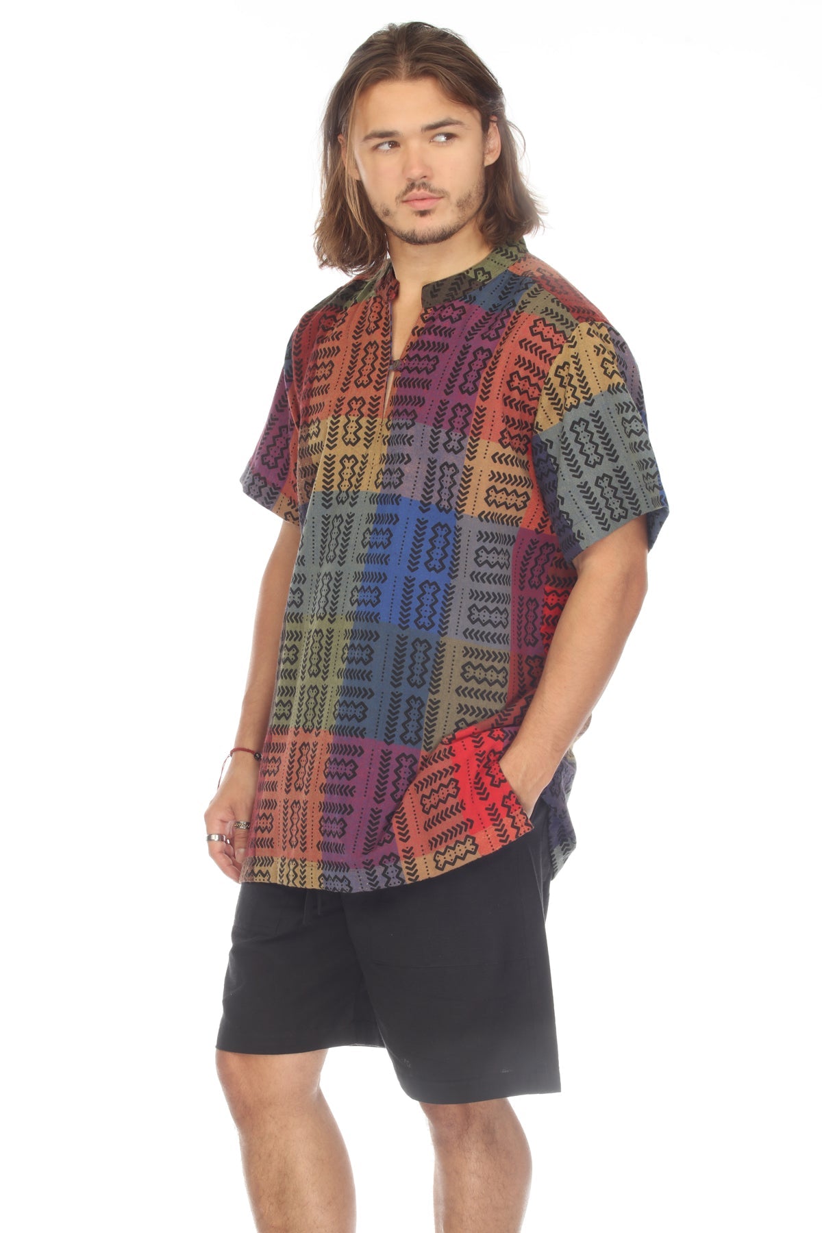 Woven Tribal Patch Print Short Sleeve Kurta