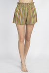 High Rise Ruffled Waist Light Rasta Reggae Stripe Shorts