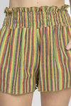 High Rise Ruffled Waist Light Rasta Reggae Stripe Shorts