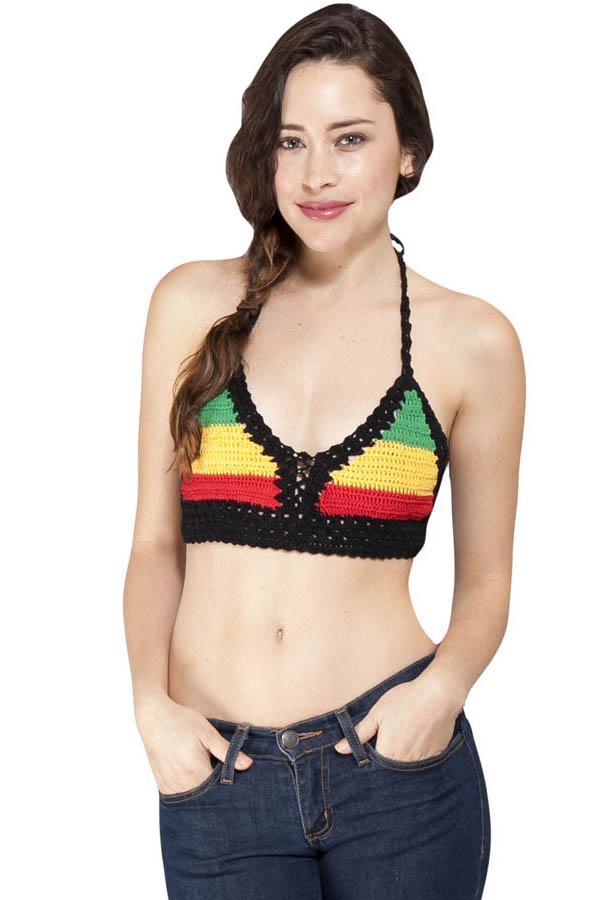 Reggae Hand Crochet cotton summer beach bikini top-Rasta-One Size