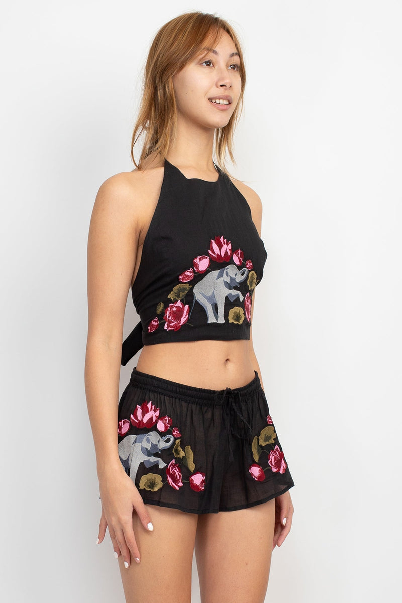 Elephant Embroidery Halter Top