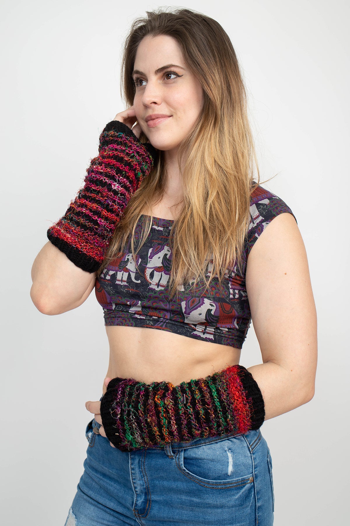 Multi Color Recycled Silk Fingerless Gloves