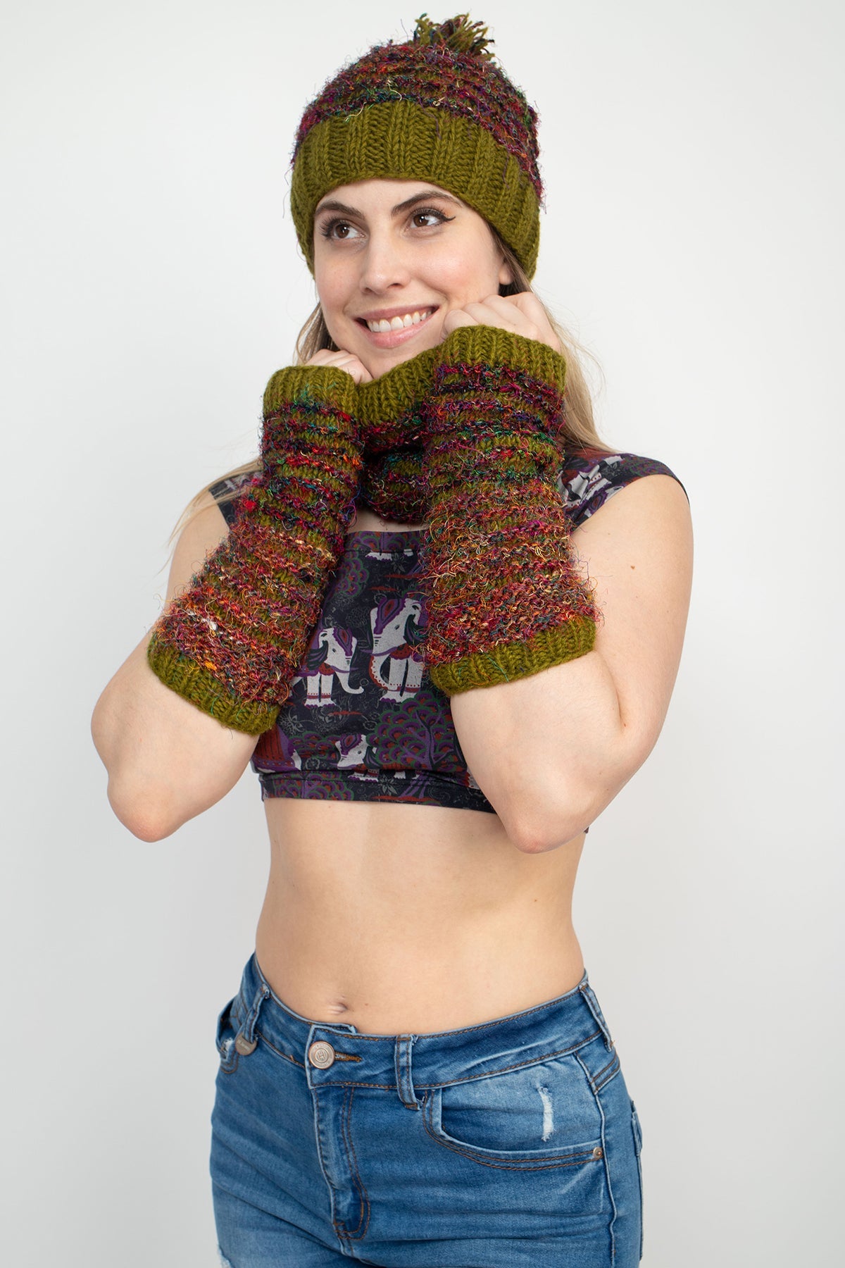 Multi Color Recycled Silk Fingerless Gloves