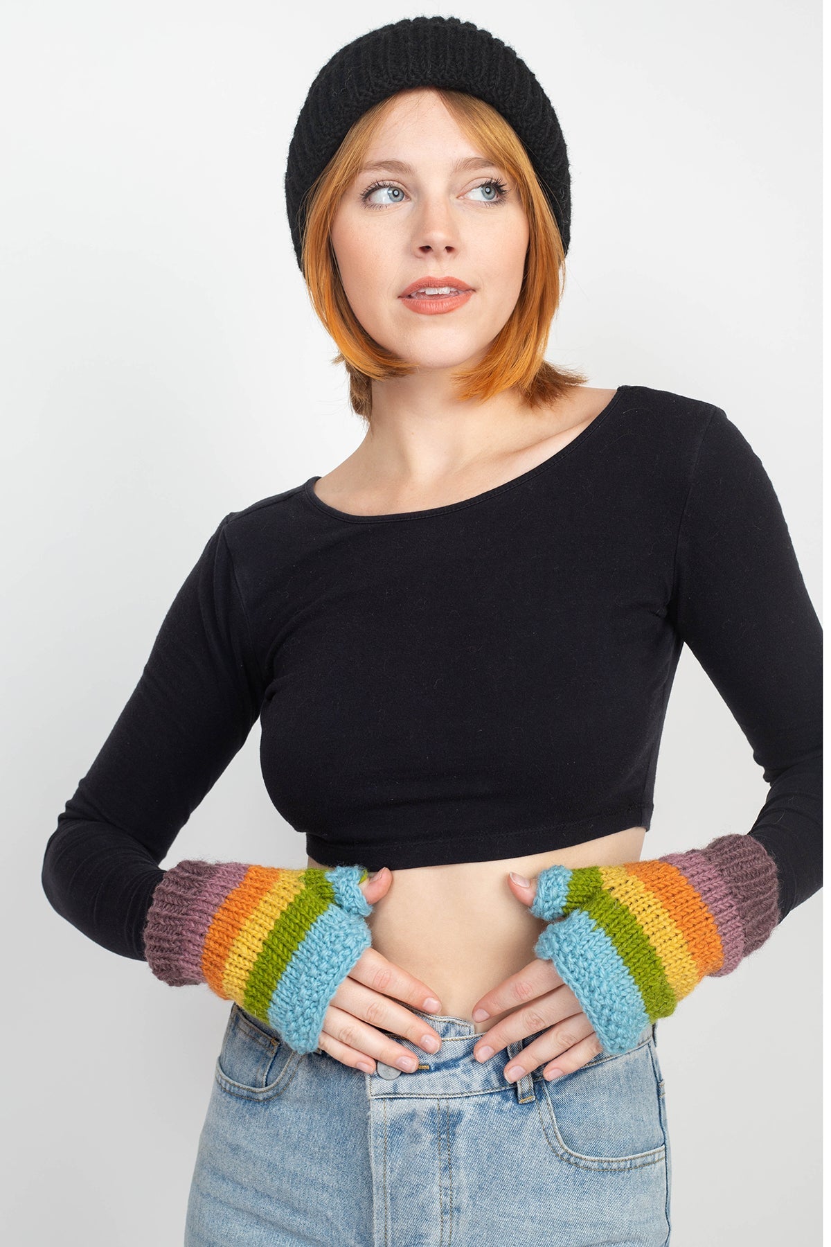 Multi Colored Striped Fingerless Gloves