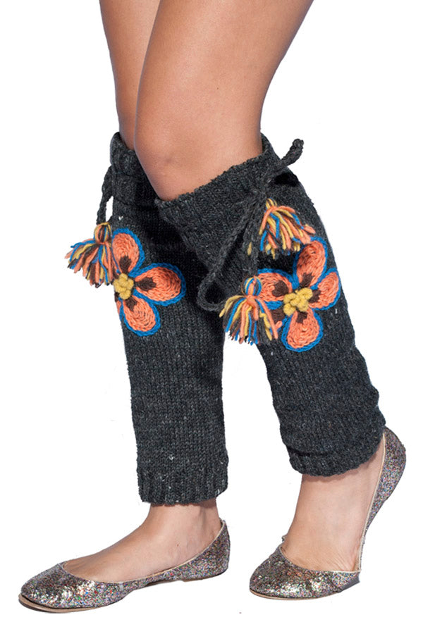 Winter hand knit fleece lined floral embroidery woolen legwarmer