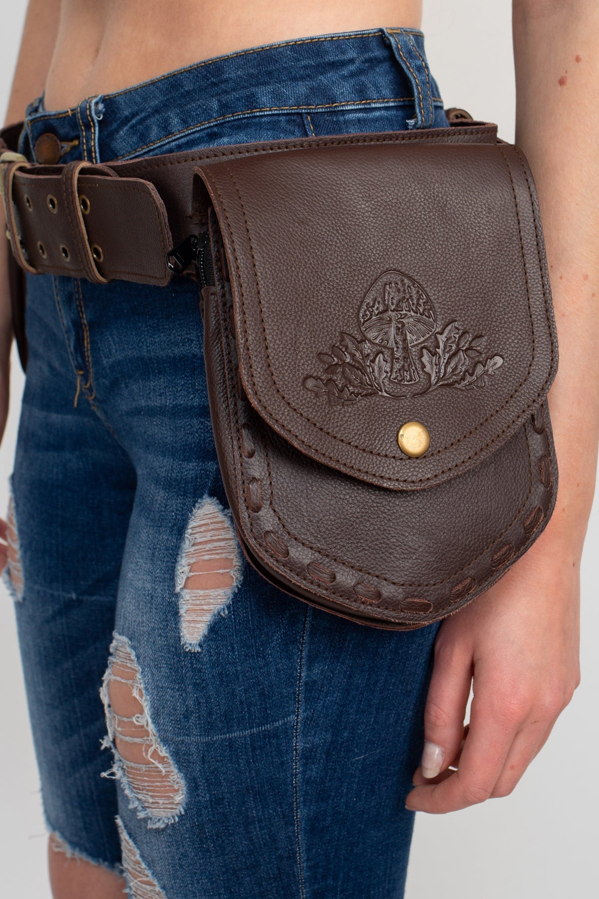 Stamped Leather Utility Belt Leather Belt Bag w Embossed Stamp Celestial Mushroom Designs Magnet Zipper Closure. Perfect for Travel Burning Man Lakhay Retail